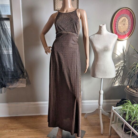 Vintage 90s Cache Metallic Maxi Dress Prom Gown Rhinestone Whimsygoth Size 7 - Picture 3 of 13